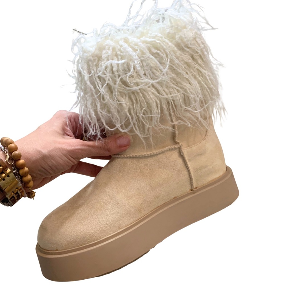 2/$30 PLT Cream Suede Round Toe Platform Fringe Ankle Boots Tan Beige Nordic